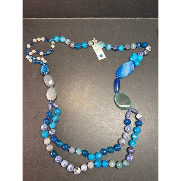 NEW blue semi precious stone station 36 inch necklace with sterling silver clasp - Picture 1 of 15